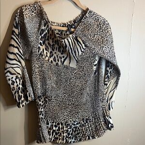 Essentials by Milano Black and Cream Mixed Animal Print Pleated Top
